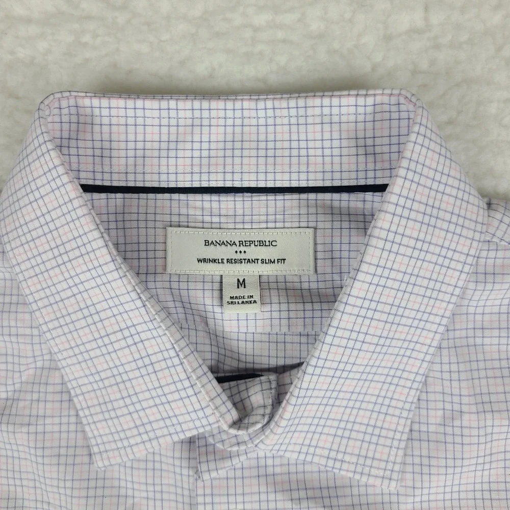 Banana Republic Dress Shirt Mens Medium Purple Pink Check Wrinkle Resistant Slim